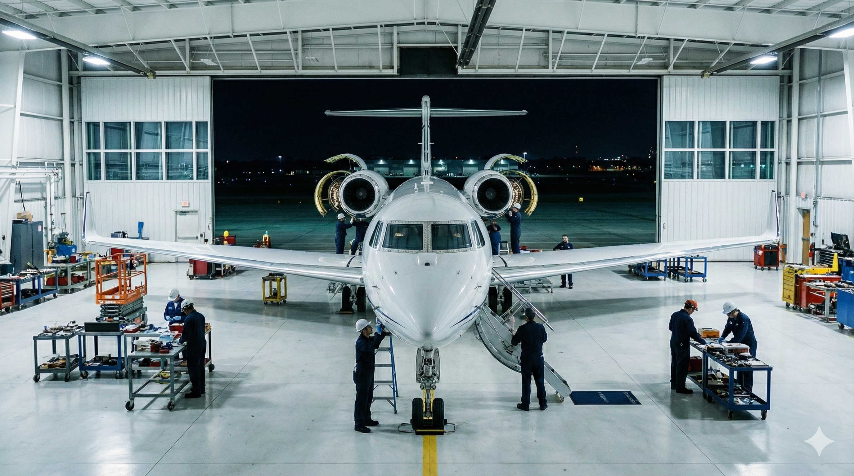 Qualified French aerospace technicians performing maintenance on a business jet inside an American MRO hangar — HÉMÉRA Aerospace deploys EASA Part-66 certified mechanics to US OEMs and MROs